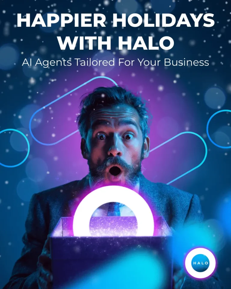 A man, with a shocked face, holding a gift of the HALO AI